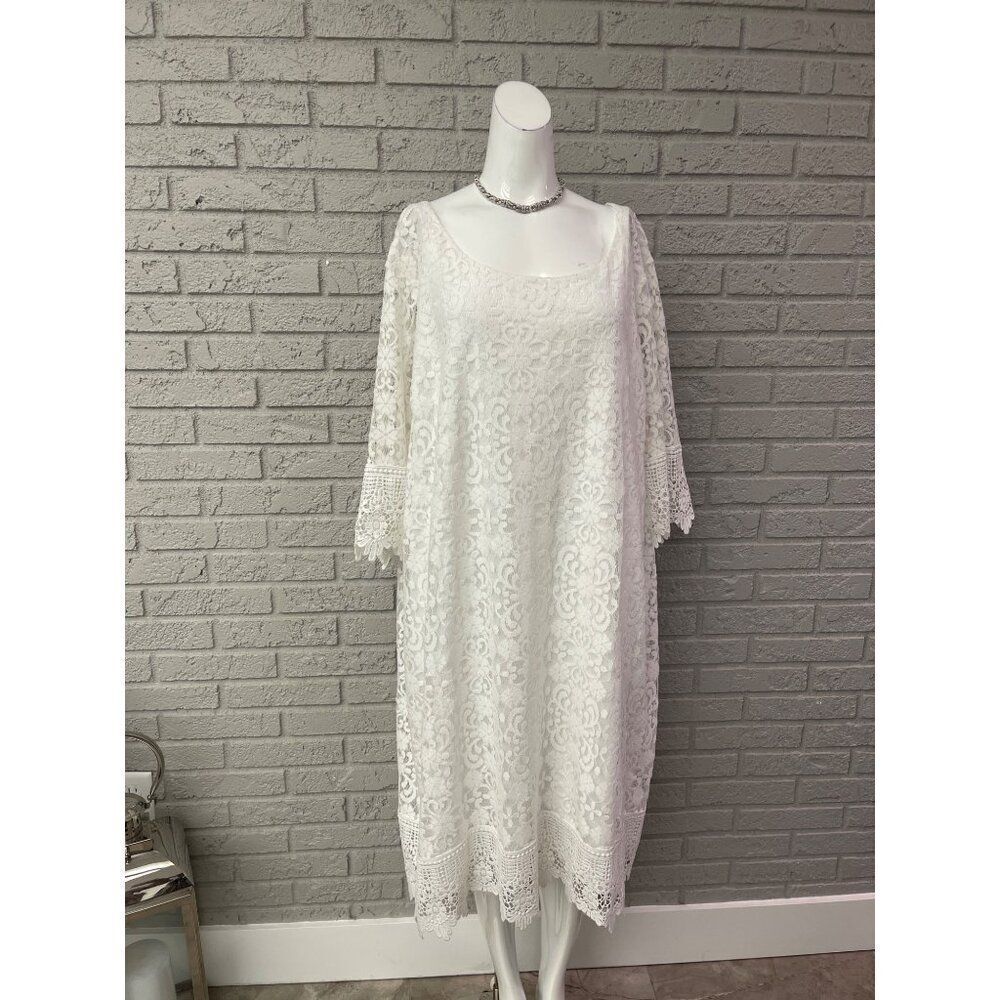 Catherines Petite Women White 3/4 Sleeve Lace / Crochet Dress Size 3XP NWT